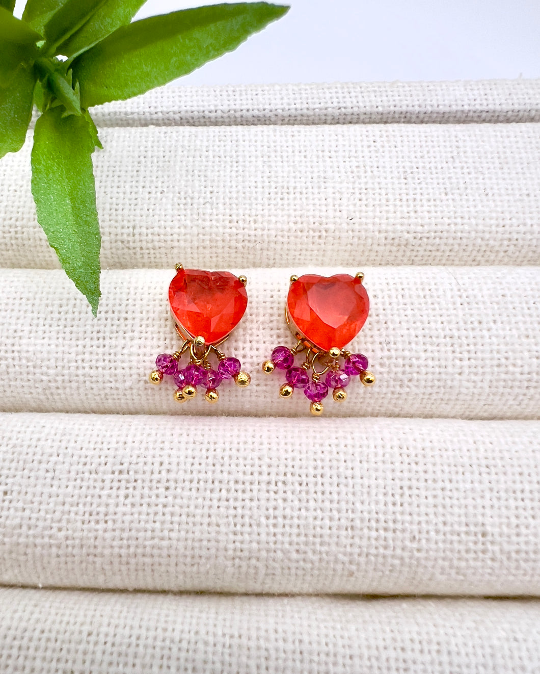 Coral heart earrings with pink crystals