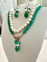 Load image into Gallery viewer, Crystal pearl and amazonite jade hoop earrings
