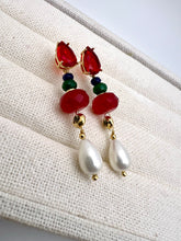 Load image into Gallery viewer, Crystal drop emerald jade rubellite and shell earrings
