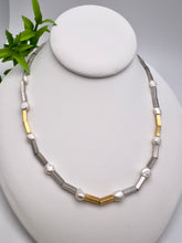 Load image into Gallery viewer, Rhodium and gold tube necklace with pearls
