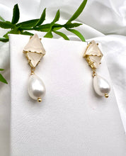 Load image into Gallery viewer, Triangle opaque cz and shell pearl earrings
