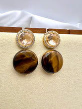 Load image into Gallery viewer, Champagne crystal base earrings with eye of tiger natural gemstone
