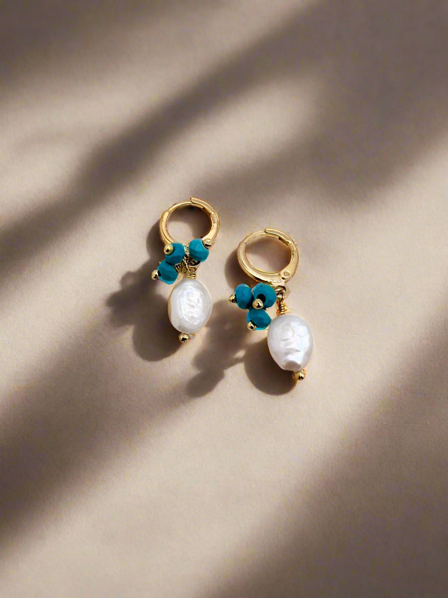 Freshwater pearl and turquoise small hoop earrings