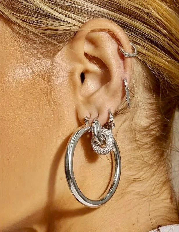 Hoop detail with studded ring pendant earrings