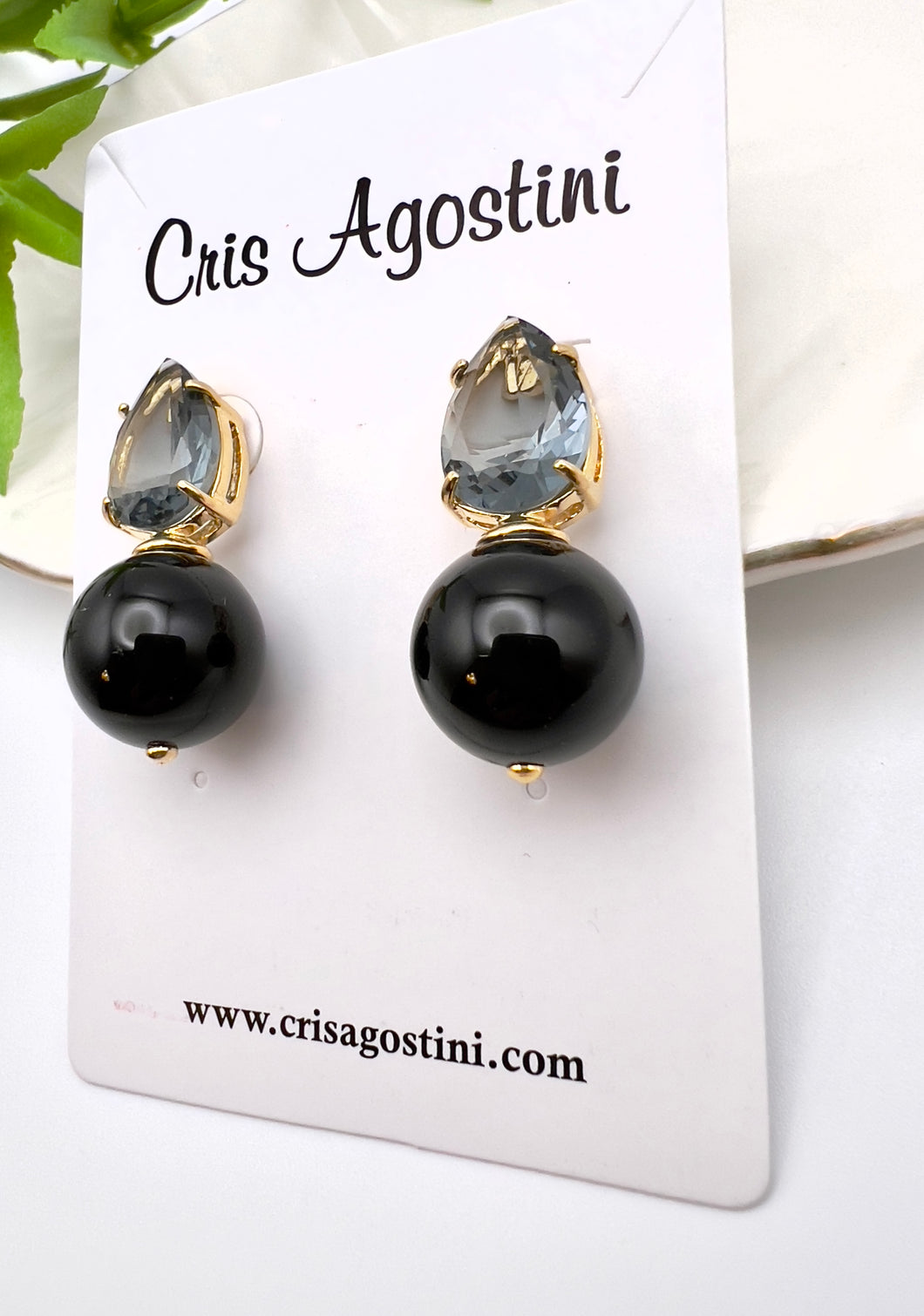 Cut crystal drop with black agate gemstone earrings