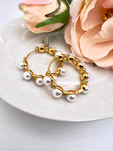 Load image into Gallery viewer, Shell pearl hoop with cz detail earrings
