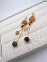 Load image into Gallery viewer, Long Rutilated quartz and eye of tiger earrings
