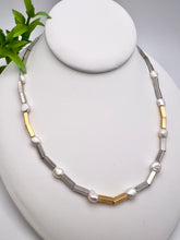 Load image into Gallery viewer, Rhodium and gold tube necklace with pearls
