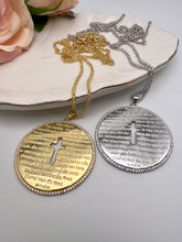 Load image into Gallery viewer, Large Our Father prayer medal and cross long necklace
