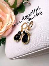 Load image into Gallery viewer, Drop crystal black and mini shell hoop earrings
