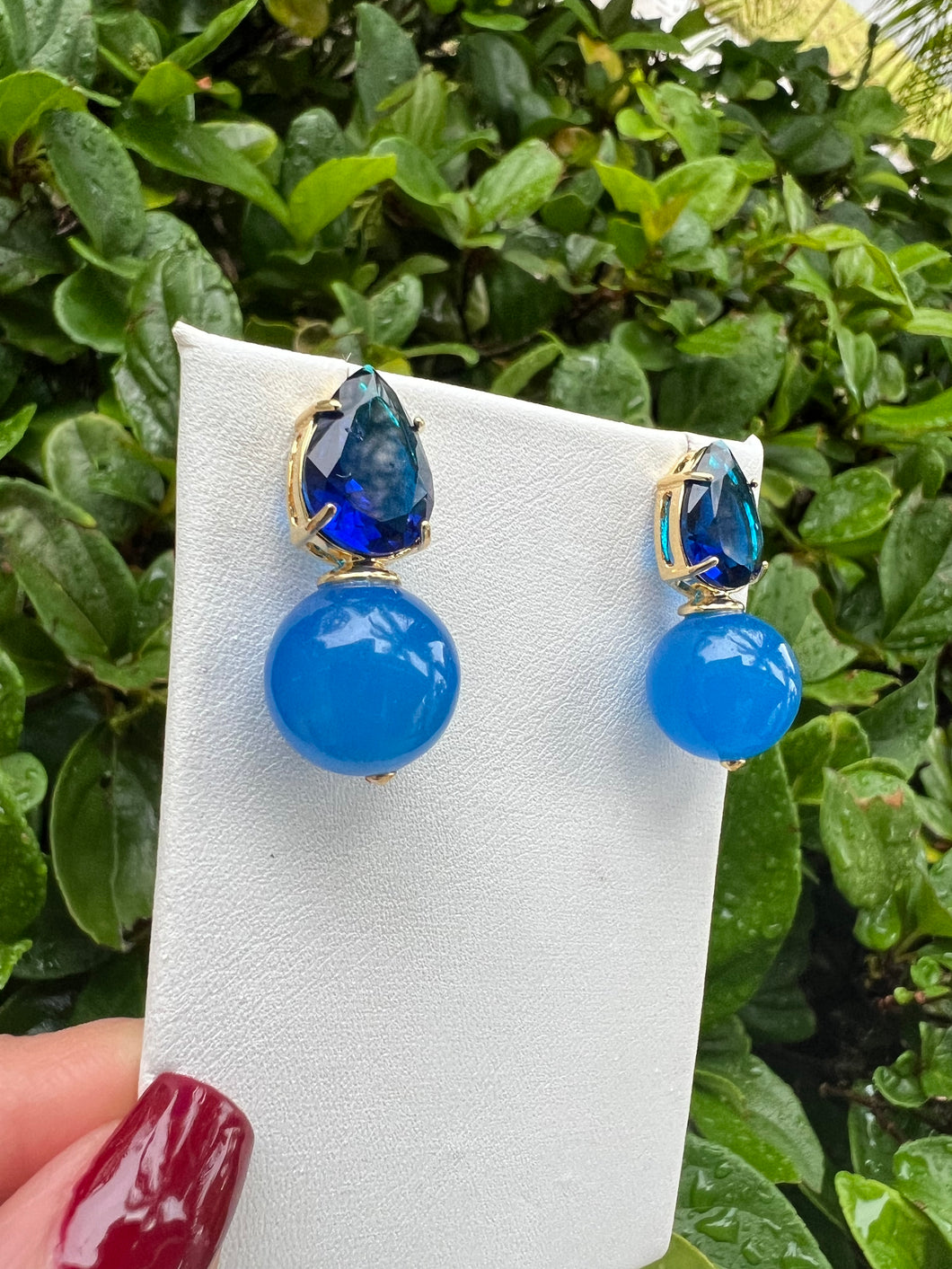 Blue crystal drop and blue jade ball earrings