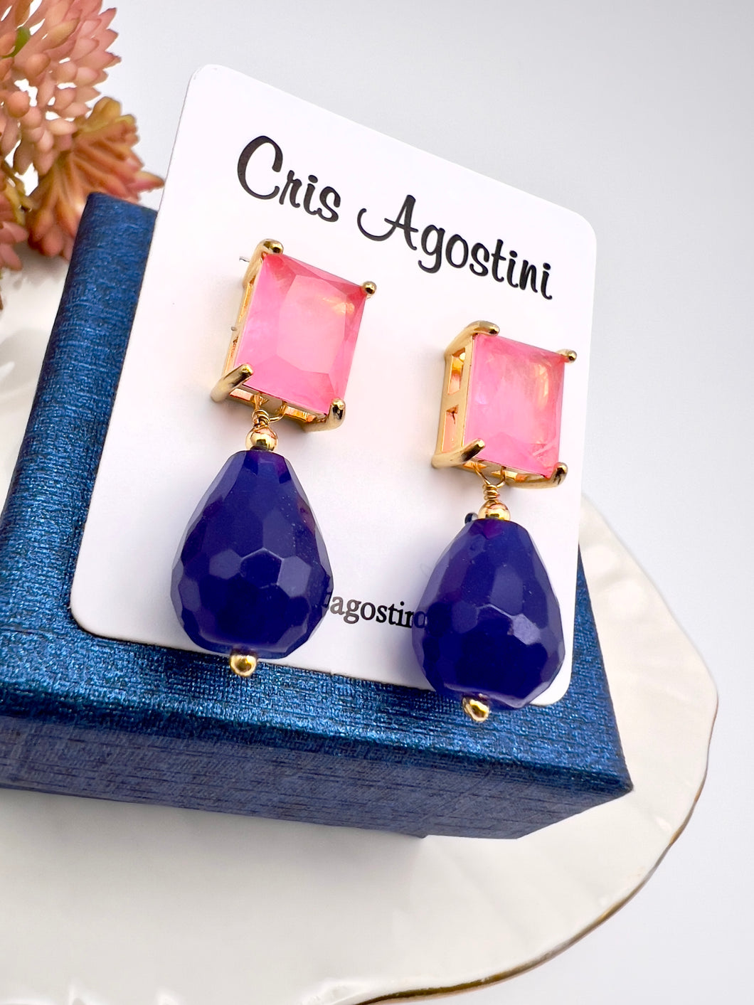 Square base earrings pink drop jade sapphire