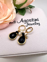 Load image into Gallery viewer, Drop crystal black and mini shell hoop earrings
