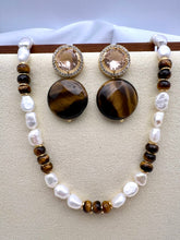 Load image into Gallery viewer, Cultured pearl and tiger&#39;s eye necklace
