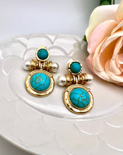 Load image into Gallery viewer, Round turquoise and pearl earrings
