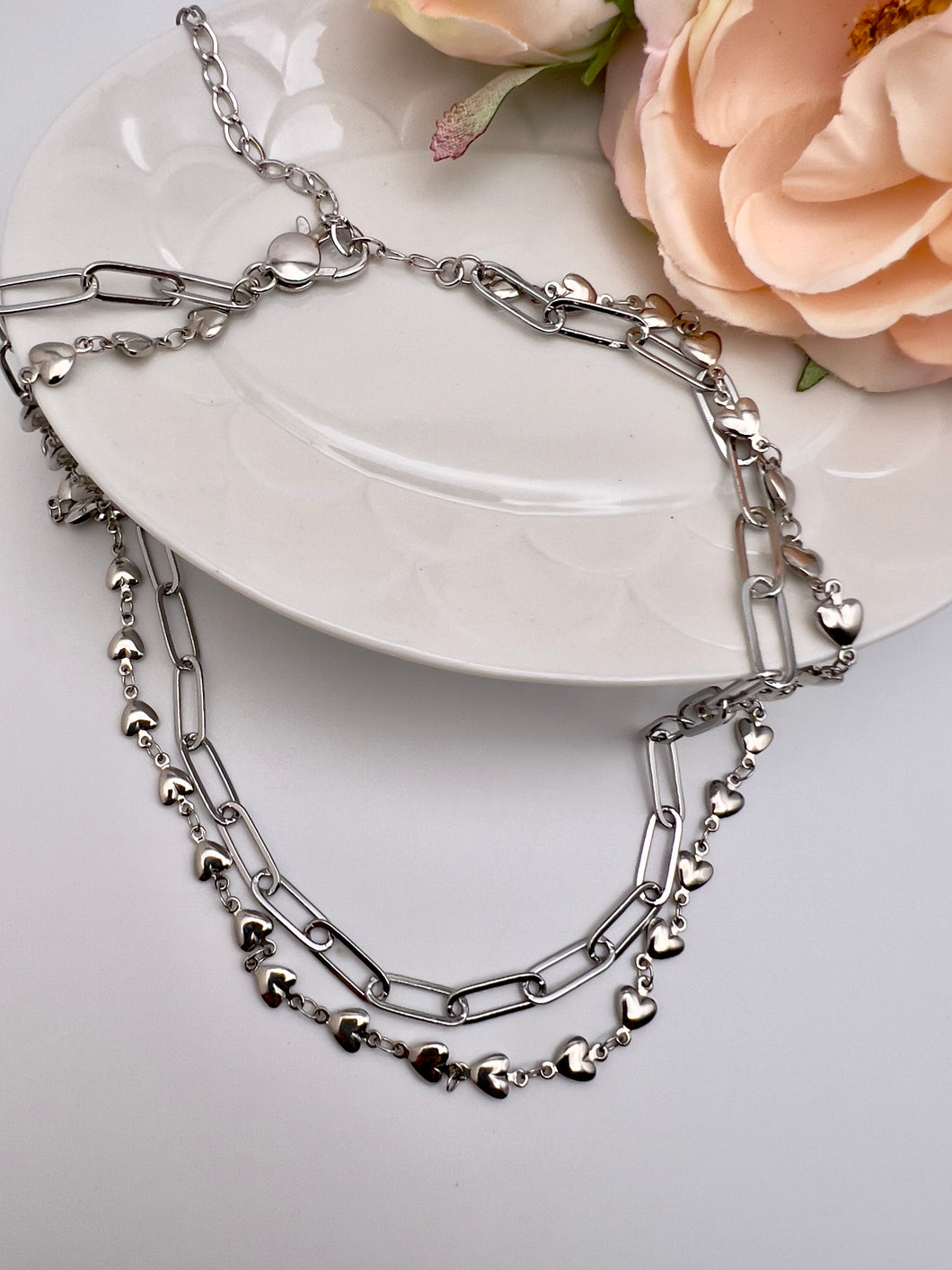 Double choker links and hearts necklace