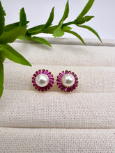 Load image into Gallery viewer, Pearl earrings surrounded by color baguettes
