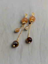 Load image into Gallery viewer, Long Rutilated quartz and eye of tiger earrings
