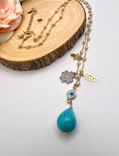 Load image into Gallery viewer, Long lucky necklace with drop turquoise pendant
