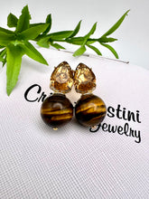 Load image into Gallery viewer, Cut crystal drop eye of tiger gemstone ball earrings
