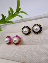 Load image into Gallery viewer, Pearl earrings surrounded by color baguettes
