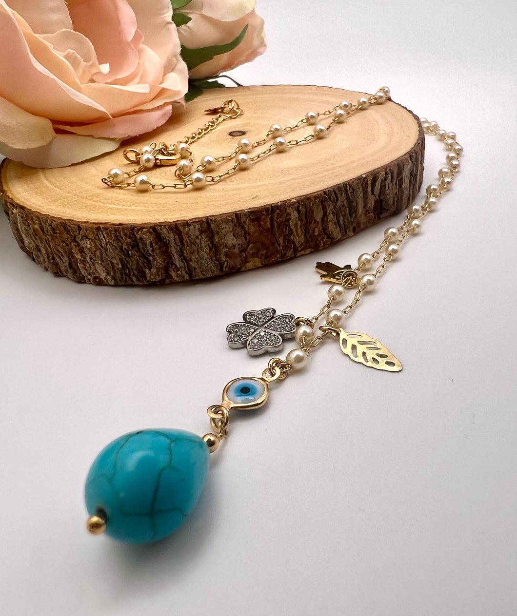 Long lucky necklace with drop turquoise pendant