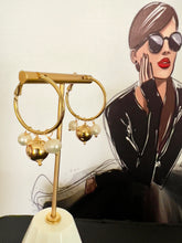 Load image into Gallery viewer, Gold ball and pearl hanging from hoop earrings
