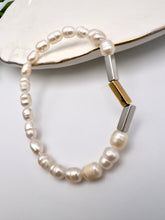 Load image into Gallery viewer, Gold and rhodium tube cultured pearl bracelet
