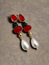 Load image into Gallery viewer, Crystal drop emerald jade rubellite and shell earrings
