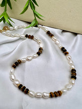 Load image into Gallery viewer, Cultured pearl and tiger&#39;s eye necklace
