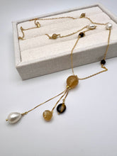 Load image into Gallery viewer, Rutilated quartz pearl and eye of tiger long necklace
