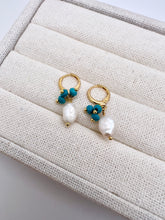 Load image into Gallery viewer, Freshwater pearl and turquoise small hoop earrings
