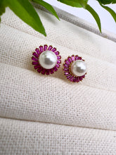 Load image into Gallery viewer, Pearl earrings surrounded by color baguettes
