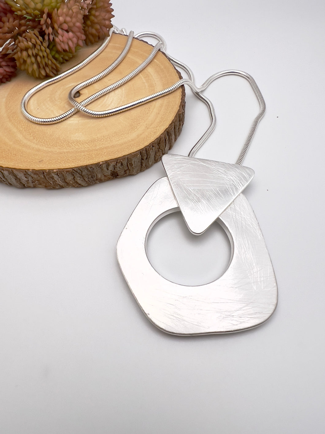 Brushed silver organic  long necklace