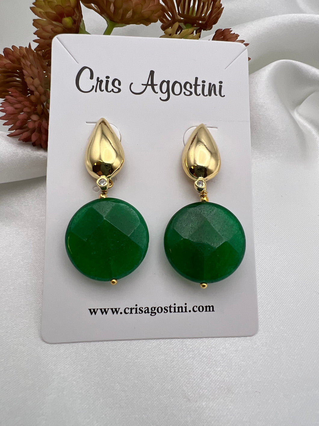 Round emerald jade cz detail earrings