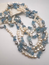 Load image into Gallery viewer, Long pearl and aquamarine gemstone 2,36m necklace
