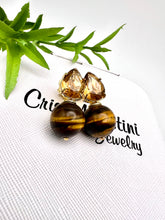 Load image into Gallery viewer, Cut crystal drop eye of tiger gemstone ball earrings
