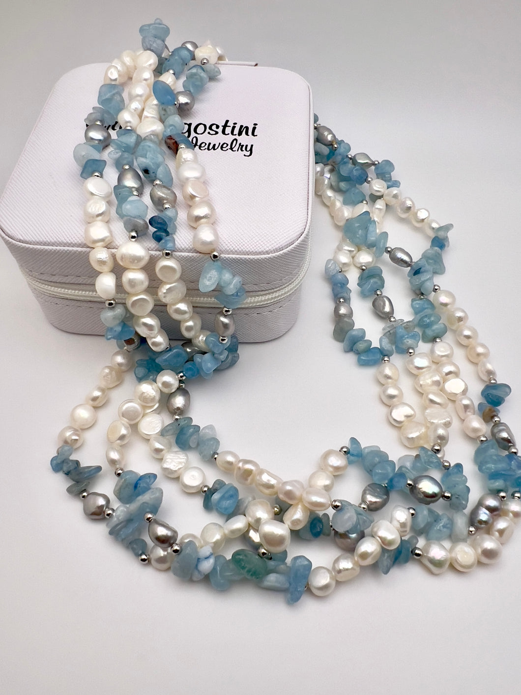 Long necklace 2m freshwater and gray pearl and aquamarine