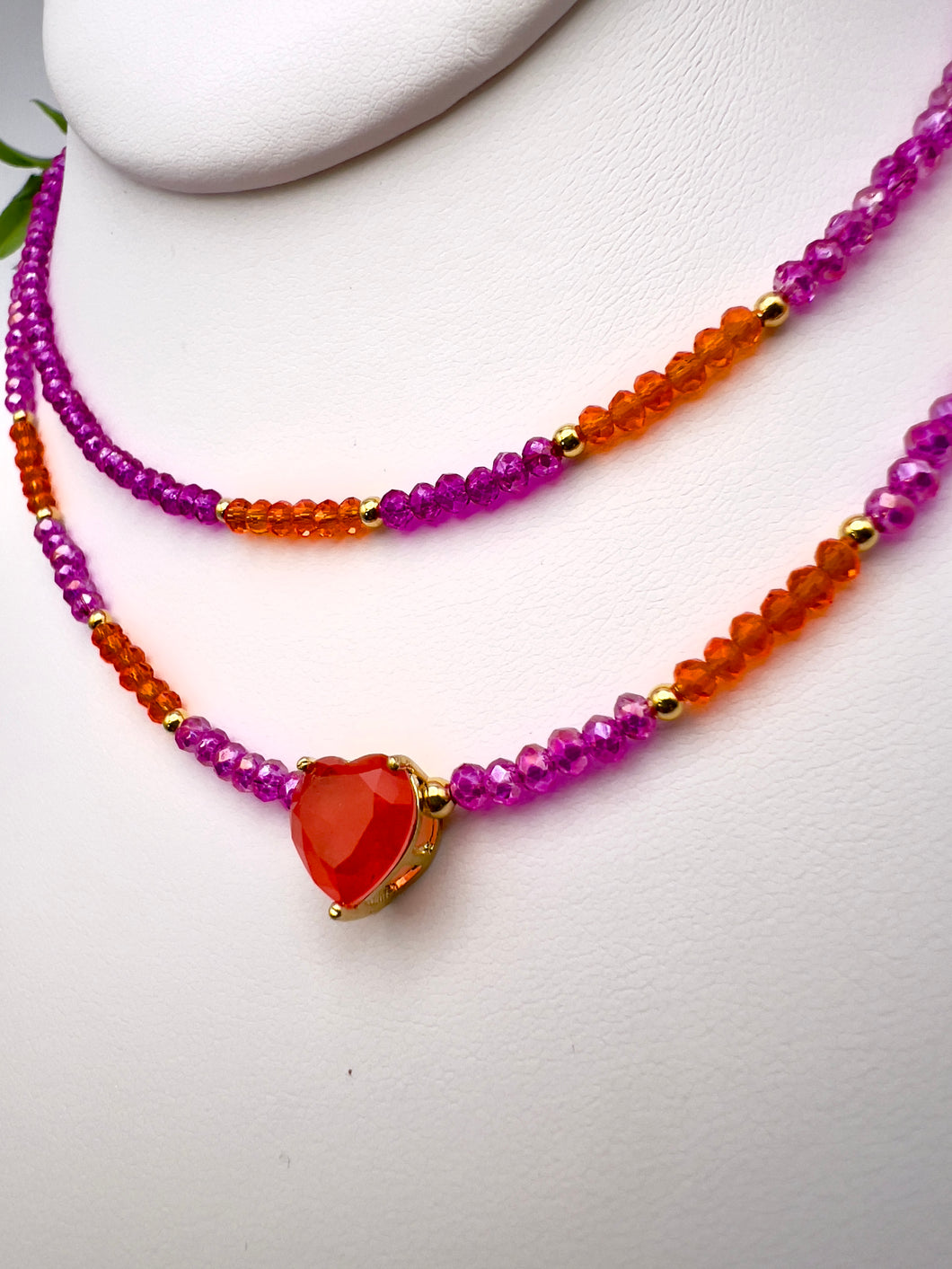 Coral heart necklace set with pink crystal