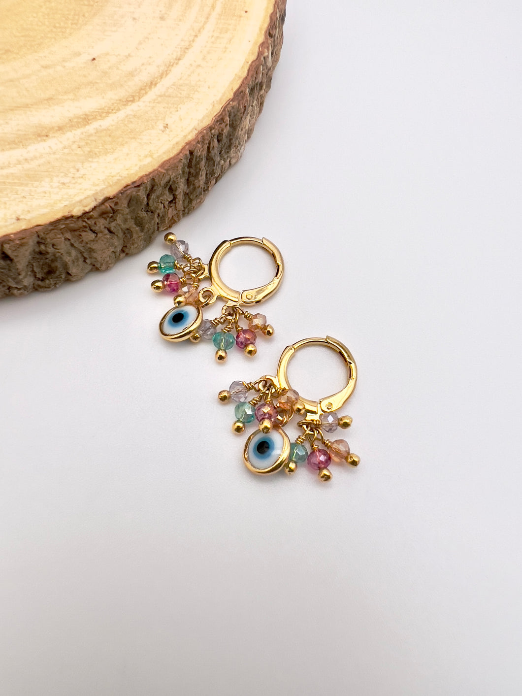 Small colorful crystal greek eye hoop earrings