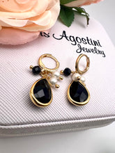 Load image into Gallery viewer, Drop crystal black and mini shell hoop earrings
