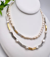 Load image into Gallery viewer, Rhodium and gold tube necklace with pearls
