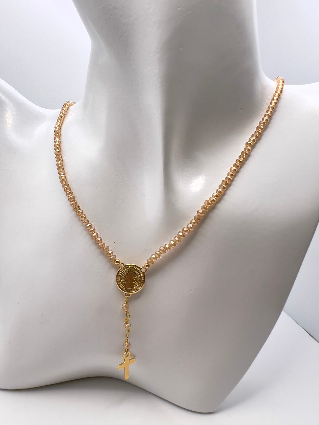 Dulce de leche crystal saint Bento rosary necklace