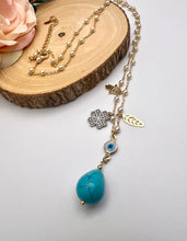 Load image into Gallery viewer, Long lucky necklace with drop turquoise pendant
