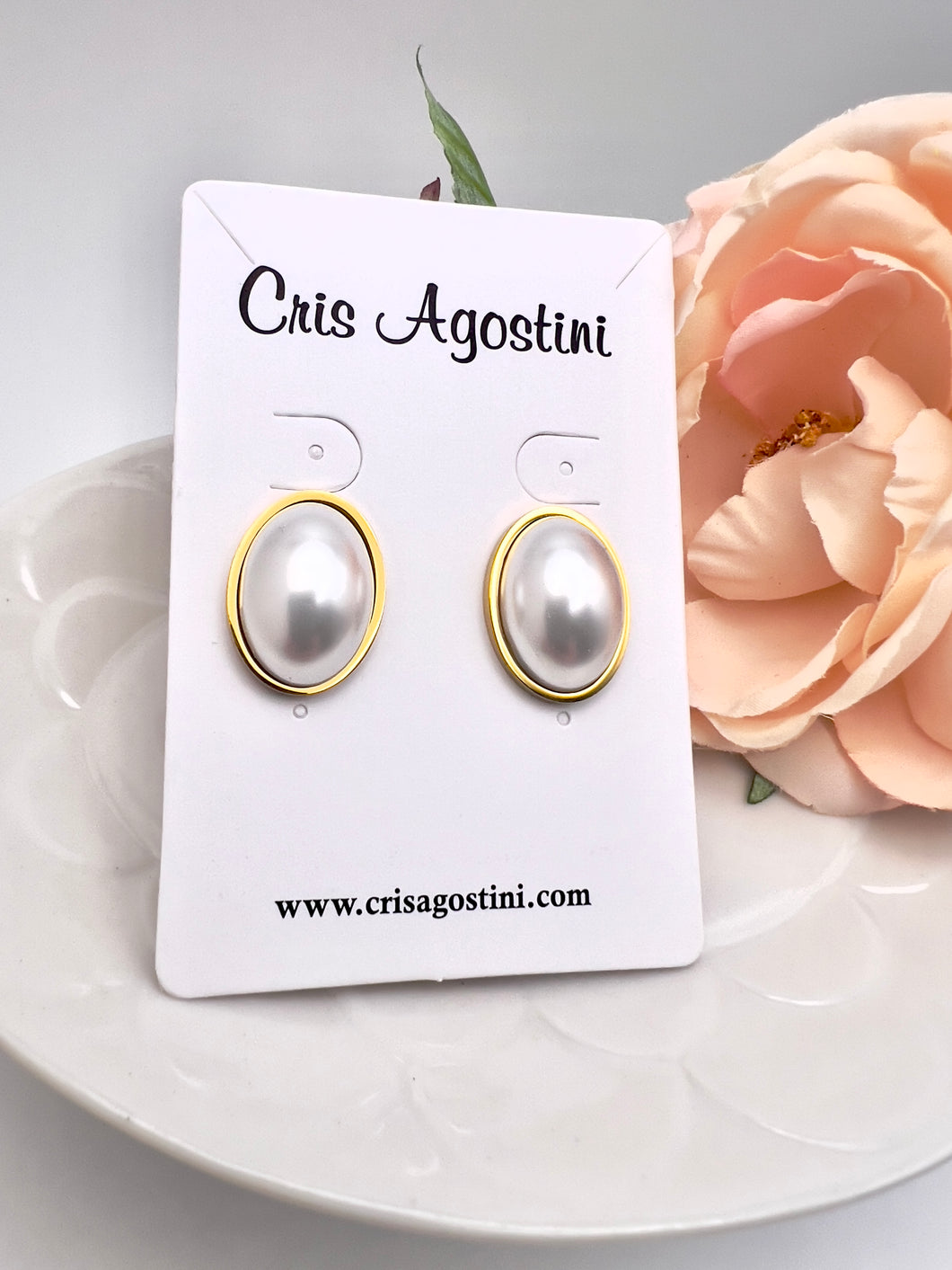 Gold plated oval pearl earrings