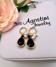 Load image into Gallery viewer, Drop crystal black and mini shell hoop earrings
