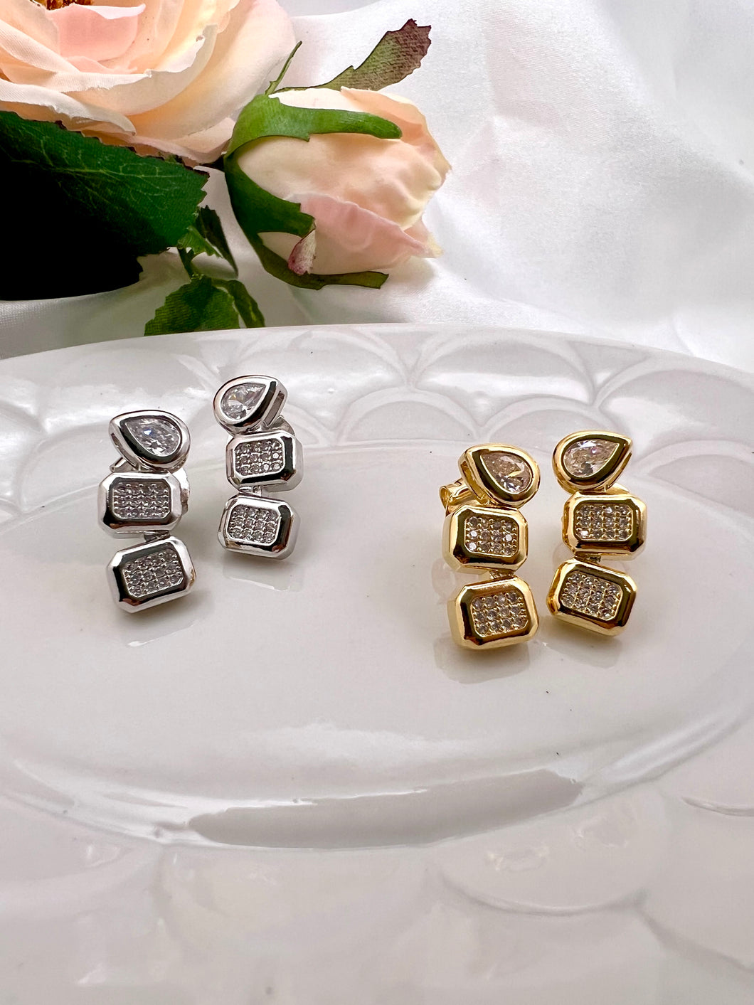Square drop curved and studded earrings