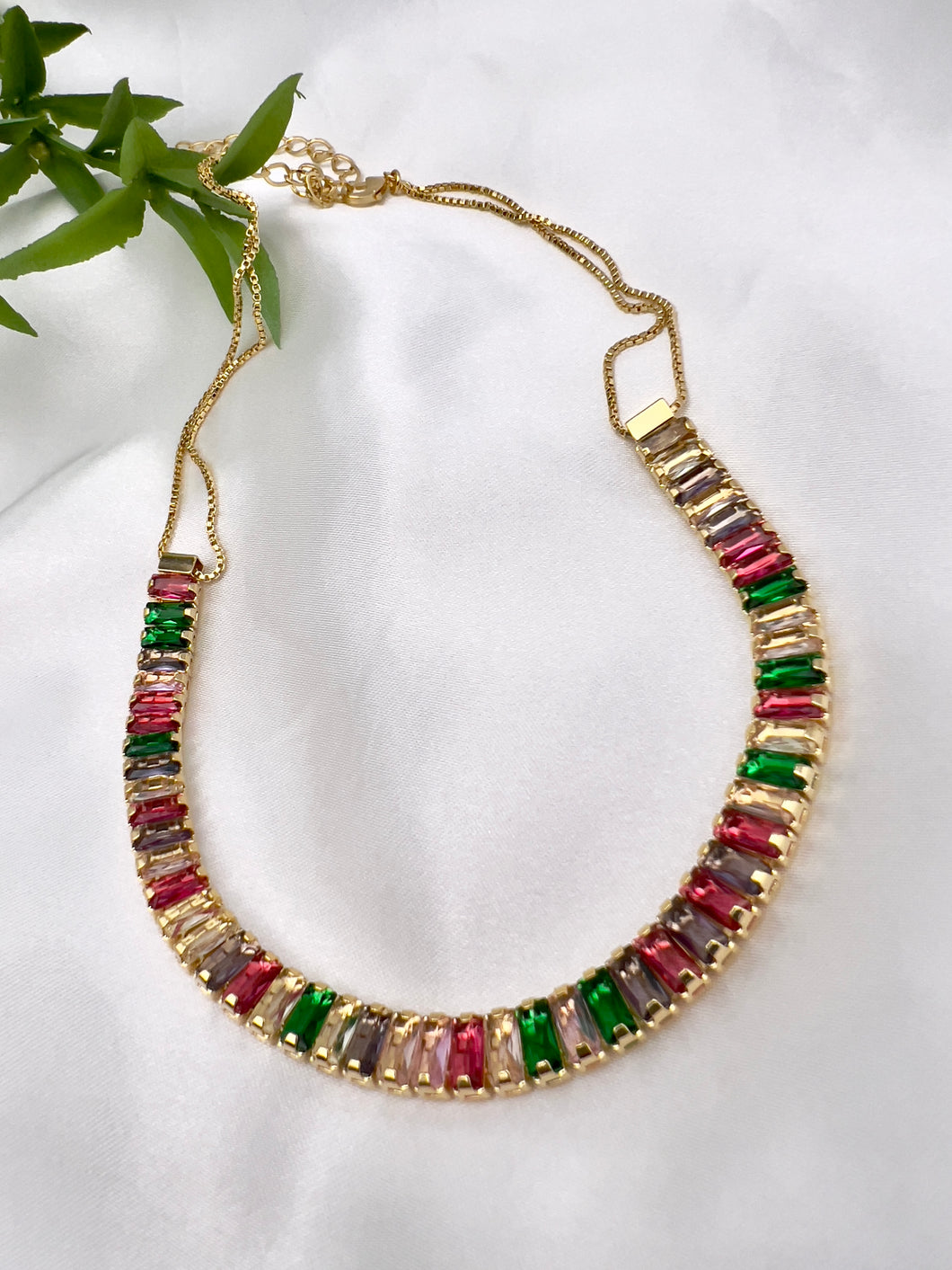 Colorful baguette double chain choker necklace