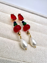 Load image into Gallery viewer, Crystal drop emerald jade rubellite and shell earrings
