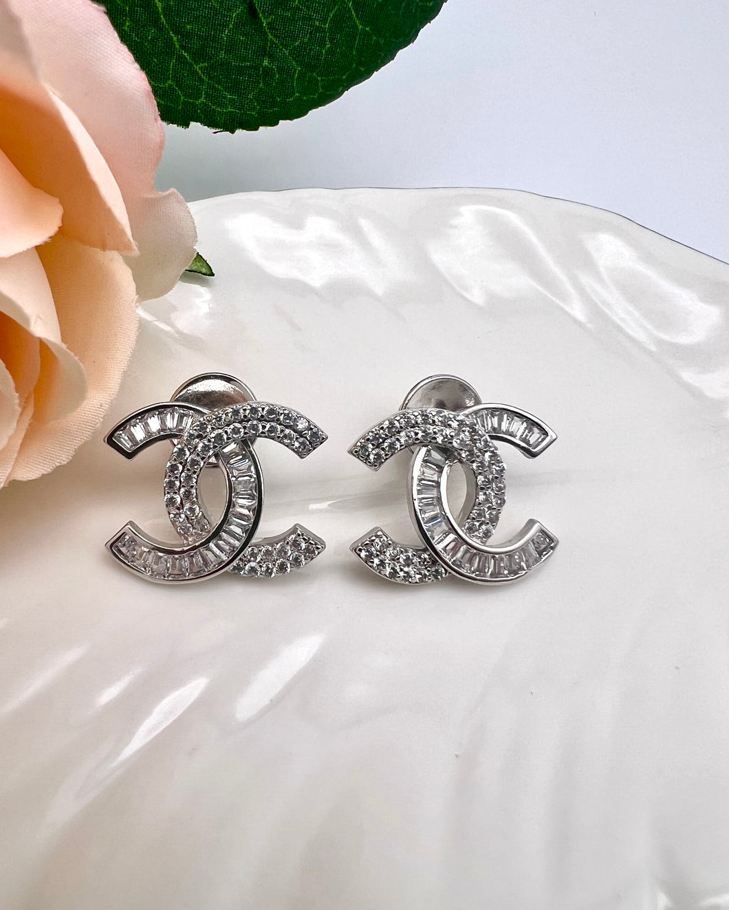 Luxury inspired CC baguette cz earrings